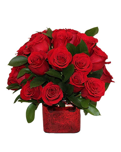 Bouquet of red roses in a red vase