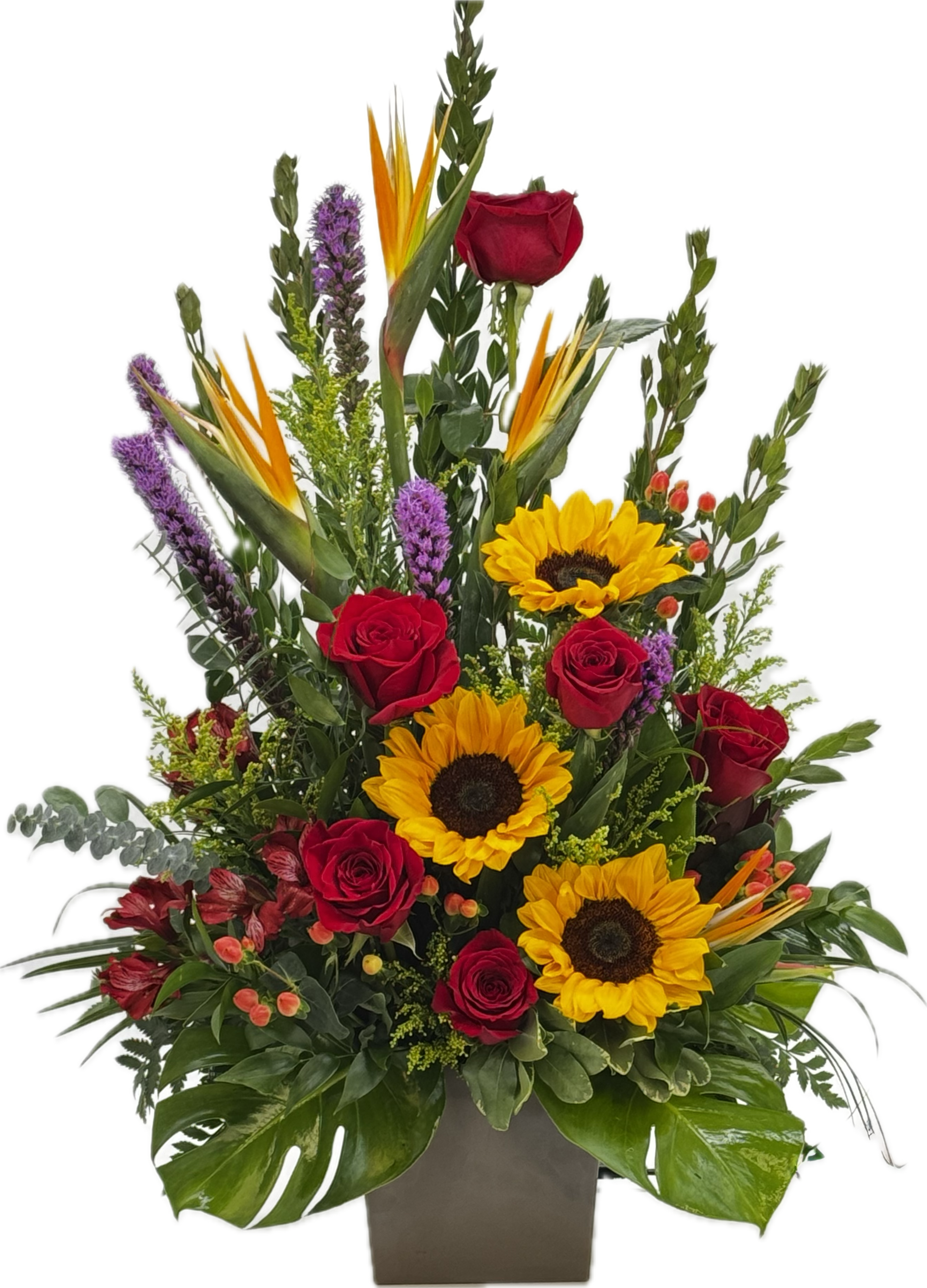 Colorful flower arrangement with red roses, yellow sunflowers, and greery 